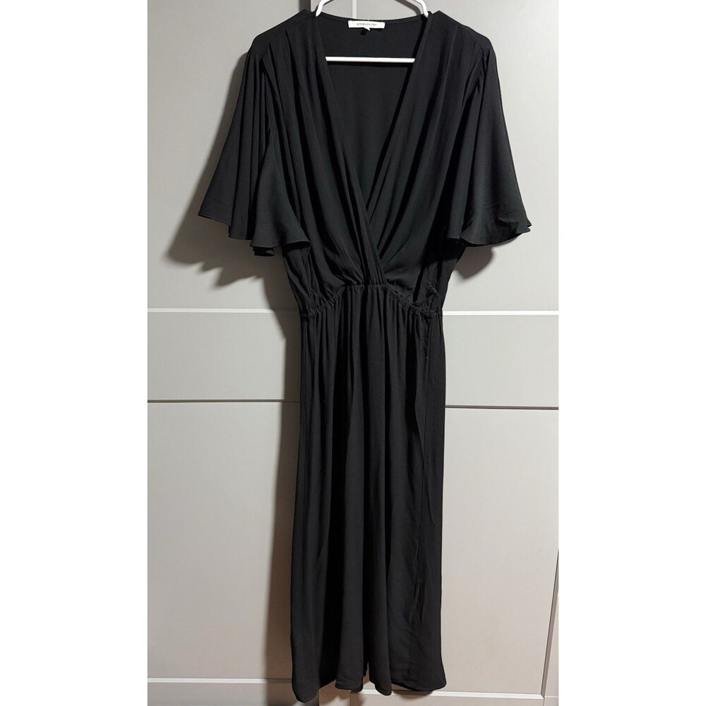 Emerson Fry Women Deep V-Neck Flutter Sleeve Maxi Lila Dress Black Crepe L Flowy